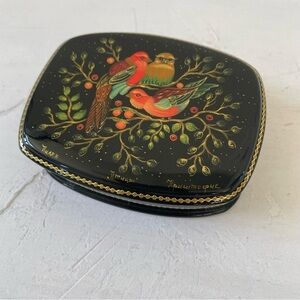 Russian lacquer box Birds, Palekh Black and Red Bird Trinket Box Jewelry Case